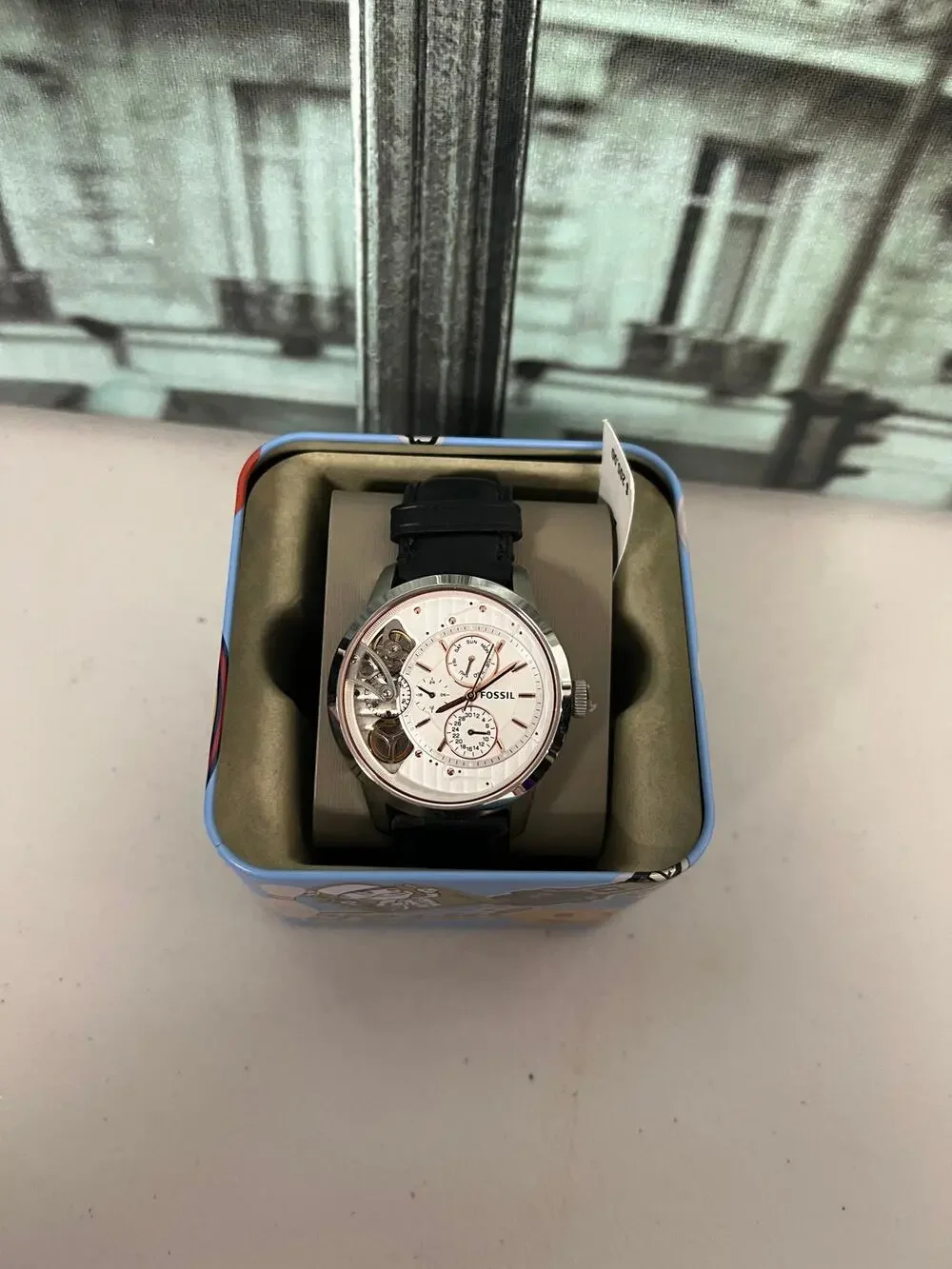 Fossil Townsman ME1164 White Skeleton Dial Black Leather Men Watch